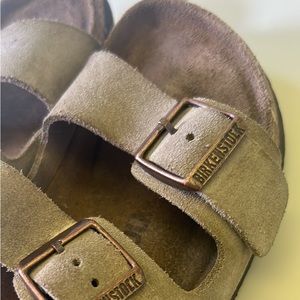 Birkenstock Sandals Slides Suede Leather Two Strap Narrow Taupe Beige Bronze